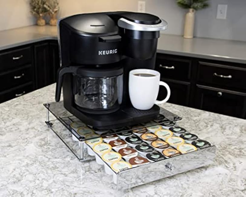 Nifty Rolling Coffee Pod Drawer - Glass Top & Chrome Finish, Compatible with K-Cups, 36 Pod Pack Holder, Compact Under Coffee Pot Storage Drawer, Slim Home Kitchen Counter Organizer