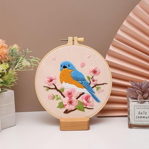 Image of Louise Maelys Blue Bird Embroidery Kit for Beginners, DIY Floral Kit | Needlepoint Kit with Hoop, Printed Fabric, Threads, Needles and Instructions. Perfect for DIY Cross Stitch Kits craft at home