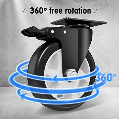 Image of 5 inch Caster Wheels Set of 4, Heavy Duty Casters with Brake, No Noise Locking Casters with Polyurethane (PU) Wheels, Swivel Plate Castors Pack of 4
