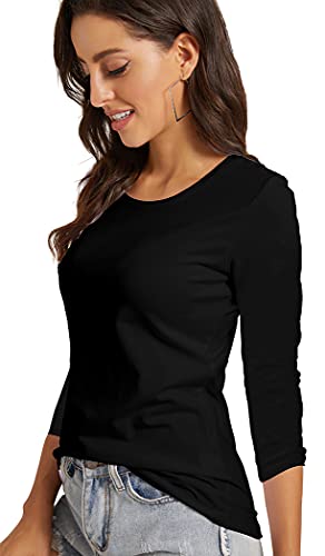 Viioo Women's Basic 3/4 Sleeve Crew Neck T-Shirt Casual Solid Slim Cotton Top(Black/O-Neck,S) #TOP3