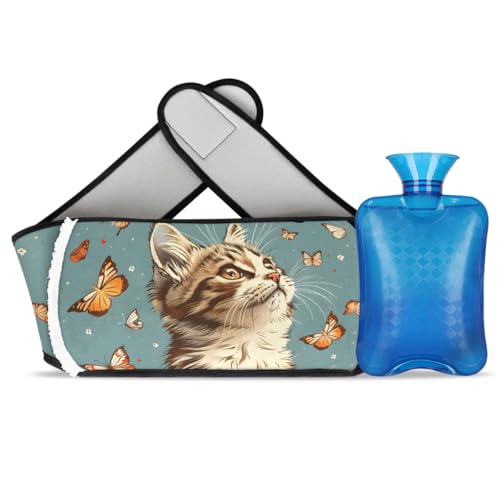Hot Water Bag with Waist Cover Cats Up Butterfly Warm Hot Water Bottle Belt Plush Double Hand Insert Wearable Water Bag Detachable Hot Bottle Pouch for Neck Shoulder Pain Relief