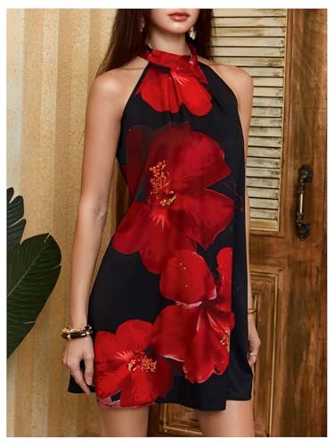 Image of Floerns Women's Sleeveless Floral Print Sundress Halter Neck A Line Short Dress