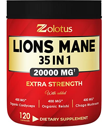 35 In 1 Lions Mane Mushroom Capsules, Equivalent To 20000Mg, With Cordeyceps, Reishi, Elderberry, Panax Ginseng, Focus, Memory & Brain Support Supplement, Immune Support, Energy Pills (120 Capsules) #TOP14
