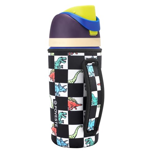 Image of Water Bottle Sleeve with Handle for Owala Kids FreeSip 16 oz, Water Bottle Scratch Resistant Sleeve, Neoprene Cover Compatible with Owala 16 oz for Boys Girls to School Travel (Checkerboard Dinosaur)