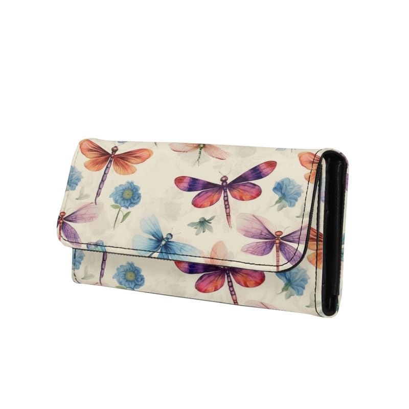 Women's Wallet Watercolor Dragonfly Floral Leather Trifold Purse With ID Window, Painting Dragonflies Ladies Credit Card Holder Zipper Coin Pocket