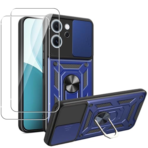 MEMELOKA Funda para OPPO Reno 14F/Reno14 F/Reno 14 FS 5G + Cristal Templado, Armor Carcasa Militar Antiarañazos con 360° Soporte de Anillo, Antigolpes Carcasa con Cubierta de Cámara Deslizante, Azul