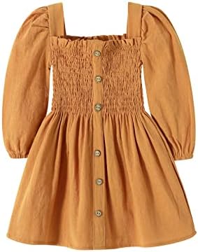 Happy Town Toddler Girl Fall Dress Square Neck Long Sleeve Play Wear Dress Baby Solid Color Casual Clothes (Ginger, 4-5 T)