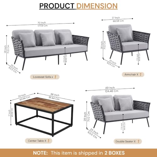 Image of DEVOKO 6-Seater Outdoor Rope Conversation Set with Wooden Top Table Water-Resistant Cushions, Strong Metal Frame High Weight Capacity Furniture for Garden, Terrace, Backyard(Blackish Grey & Grey)