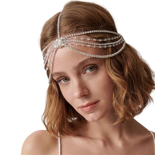 Bwuikim Diadema decorativa para la frente de fiesta, tiaras para el pelo, elegante tocado para ceremonia de mayoría de edad, cadena para el pelo, tocado para festival, plata, Talla única
