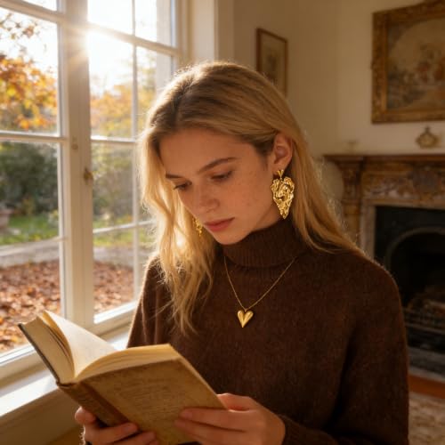 Gold Heart and Geometric Chunky Earrings for Women, Statement Drop Earrings, Retro Textured Dangle Jewelry, Trendy Lightweight Accessories by MAKUPDRM - Used condition - Image 3