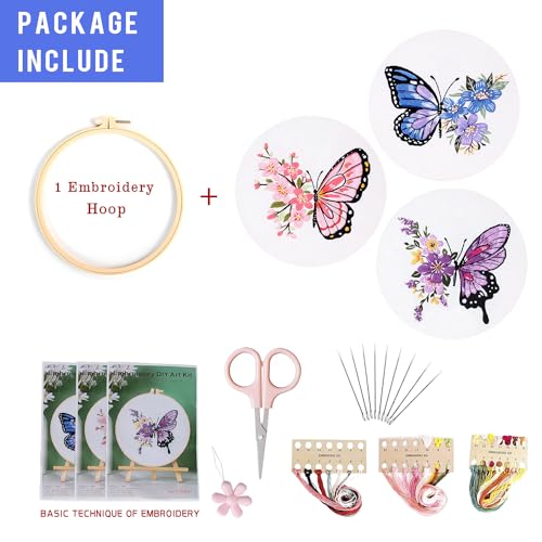 Image of LB Butterfly Embroidery Kit for Beginners Adults, 3 Sets Hand Embroidery Starter Kit with Flower Pattern and Instructions Stamped Cross Stitch Kits Include Embroidery Hoop Needles Threads Scissors