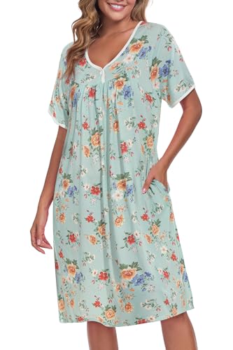 Image of AVIIER Nightgows for Women Soft Cotton Night Shirts Short Sleeve Sleepwear with Pockets