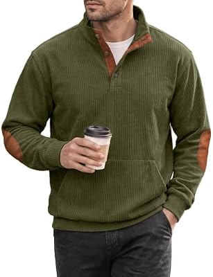 JMIERR Mens Sweatshirt Casual Long Sleeve Quarter Button Collared Pullover Shirts Fall Corduroy Swea...