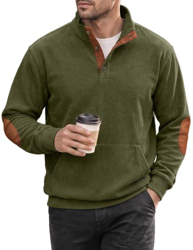 JMIERR Men's Sweaters and Pullovers – Casual Long Sleeve Corduroy Quarter‑Button Shirt Sweatshirt with Pocket – XL Jungle Green