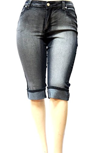 L'SQUARE Women's Plus Size Stretch Mid Rise Black Faded Wash Denim Jeans Capri3