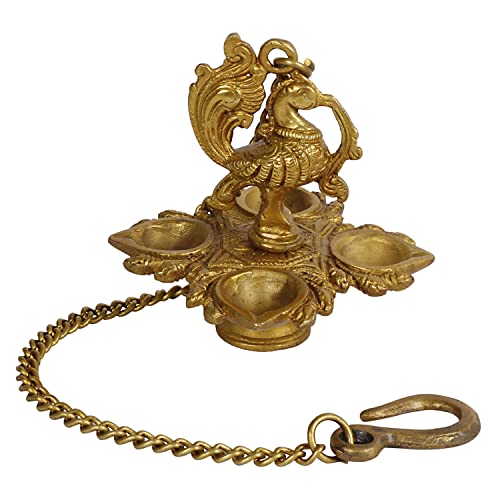 ARTVARKO Traditional Peacock 4 in 1 Brass Hanging Diya with 16 Inch Chain | Deepak | Oil Lamp | Home Decor | Spritiual Gift