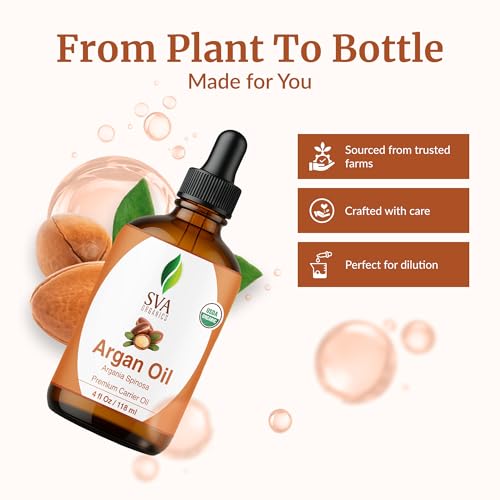 Image of SVA Organic Argan Carrier Oil, Glass Bottle with Dropper, 4 Fl Oz (118 ml) | Argan Oil for Hair Care, Scalp Care, Face Care, Facial Oil, Skin Care, Body Massage, Personal Care & DIY Beauty Blends