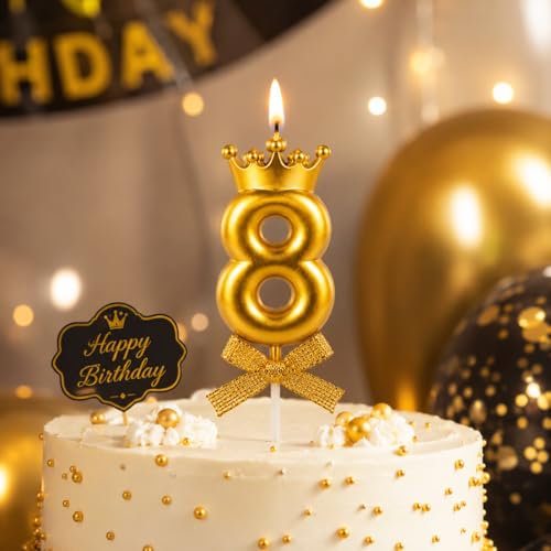 Image of Number 8 Unscented Candle with Crown for Birthday, Wedding, Valentines Day Celebration, Bridal Shower, Bachelorette Cake Topper for Decoration, 1 pc, Gold