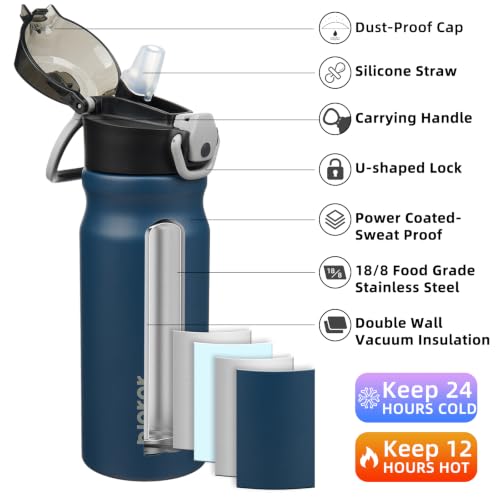 Image of BJPKPK 18 oz Water Bottle with Straw & Handle, Insulated Stainless Flask | Leak Proof Locking Lid, Thermal, Double Wall Vacuum, Keeps Hot /Cold, BPA Free, Dishwasher Safe, Travel & Sports, Navy Blue