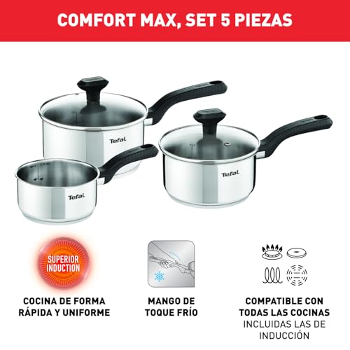 Miniatura 3 de Tefal Comfort Max Set 5 Piezas Antiadherente, Acero Inoxidable 18 10, Thermo-Spot, Base Gruesa, Cocinado Homogéneo, Mango Ergonómico Fresco, Saltea, Recetas Asiáticas, Apto Todas Cocinas
