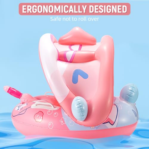 Image of PATPAT Thicken Inflatable Kids Pool Float with Canopy Detachable, Pirate Ship Floaties with Captain & Water Gun, 70CM Swimming Tubes for Boys & Girls Suitable Child for 3-6 Year Olds
