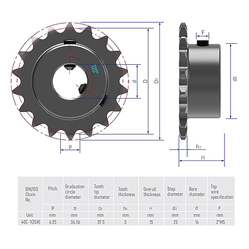 Image of 17 Tooth Roller Chain Sprocket B Type Hardened Teeth, 25 Chain Sigle Strand 1 /4-Inch Pitch, 14mm Bore Black Oxide C45 Carbon Steel with Fasten Screws for 04C Chain