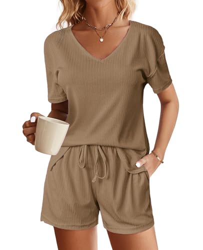 NLAND Conjunto Chandal Mujer Chándal Mujer Completo Verano Corto Cortos y Cuello en V Top Traje de 2 Piezas para Casual Running Conjuntos,Caqui M