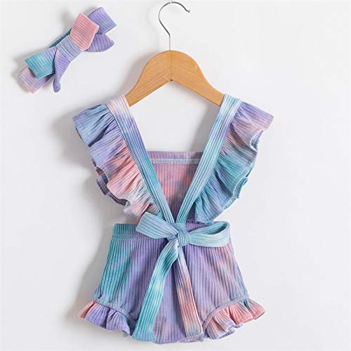 Newborn Baby Girl Romper Tie Dye Bodysuit Toddler Ruffle Sleeveless Jumpsuit Outfit With Headband2