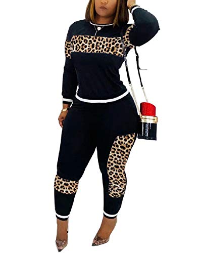 Women's Leopard Print Two Piece Outfits Casual Patchwork Bodycon Sweatsuit Tracksuit Top Pants Set with Pockets Black M