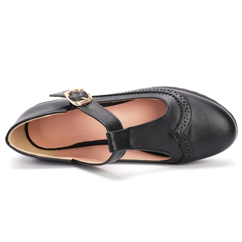 Odema sapato social feminino oxfords bico redondo fivela cinto sapato social, Preto, 7