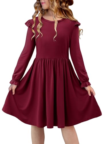 Yoklass Girls Long Sleeve Dress Casual A Line Ruffle Twirly Skater Dresses 4-13 Years2