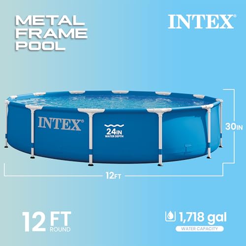 Image of INTEX Metal Frame 12ft x 30in Round Above Ground Swimming Pool Set w /Pump