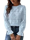 CUPSHE Women Eyelet Long Sleeve Tops Shirts Dressy Hollow Out Crochet Lace Embroidered Blouses 2025 Fashion Top Blue M