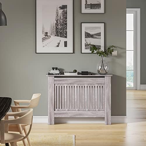 Radiator Cover Grey Modern MDF Vertical Slats Wooden Top Cabinet for Living Room Bedroom Hallway, Medium