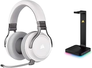Corsair Virtuoso RGB Wireless High-Fidelity Gaming Headset - White & ST100 RGB Premium Headset Stand (Durable Aluminium Construction, Built-In 3.5 mm Analog Input with Virtual 7.1 Surround, Black