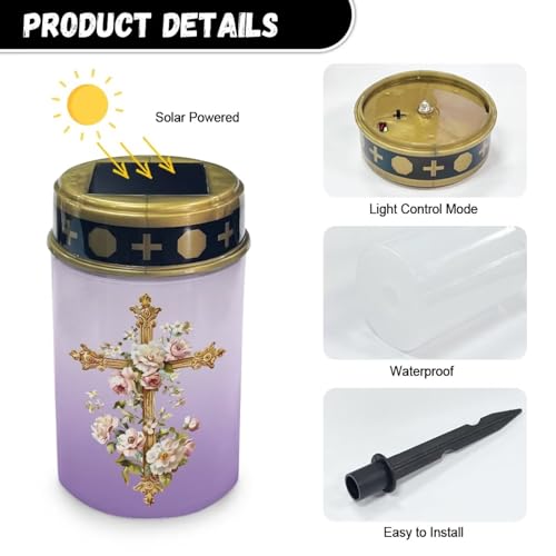 Image of Cross and Floral Solar Grave Lights for Cemetery Flameless Solar Powered Light for Prayer Waterproof Cemetery Solar Lights for Grave Cemetery Decor Candle Lamp
