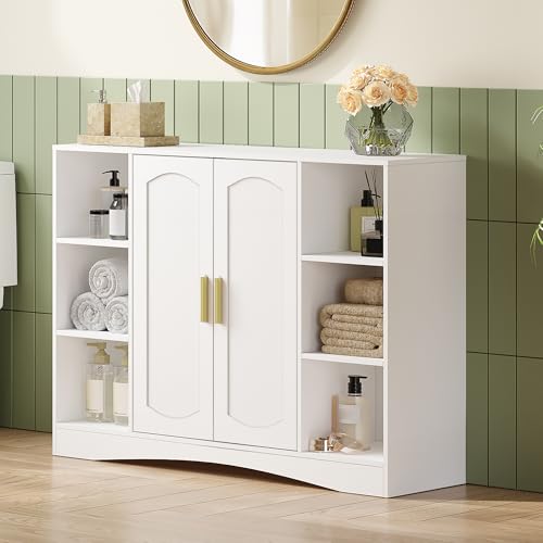 HEXCELEN Muebles de Baño, Armario de Baño, Mueble Auxiliar de Baños con 2 Puertas, Estantes Ajustables, Compartimento Abierto, para Baños, Salón, Cocina, Pasillo, Blanco, 30 × 100 × 75 cm