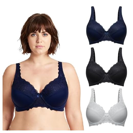 Curve Muse Übergröße Minimierer Bügel Ungefütterter BH mit Stickspitze - 3er Pack-Marine,Weiß,Schiefer-80F