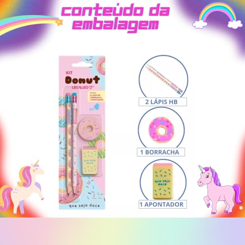 Kit Escolar Com 4 Peças Lápis Grafite Apontador Borracha Donuts Volta As Aulas