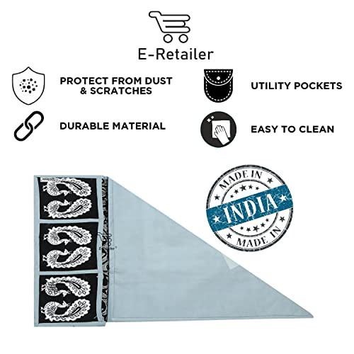 Image of Fridge Cover for Top, Polyester 3-Layered Freeze Cover for Top, Refrigerator Cover With 6 Utility Pockets and Peacock Design (Black, 39x21 In)