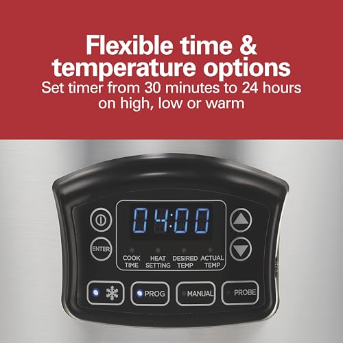 Hamilton Beach Portable 6 Quart Set & Forget Digital Programmable Slow Cooker with Lid Lock, Temperature Probe & Defrost Setting, Dishwasher Safe Crock & Lid, Silver (33869)