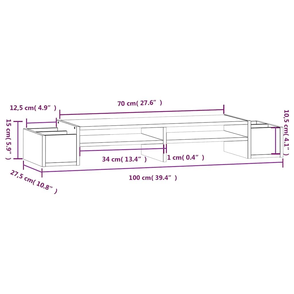 Supporto per monitor bianco in legno di pino massiccio, 100 x 27,5 x 15 cm, con 4 ripiani, supporto da tavolo per computer per monitor e notebook in casa