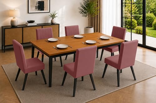 Image of Rosebell 6 Seater Dining Table Set with Cushioned Chairs | Modern Dining Table for Home, Dining Room & Kitchen | Black Metal Legs | Rose Pink
