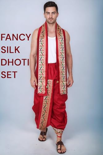 Image of Rameshwaram Fabrics Mens Ready to Wear Silk Dhoti with Angwastra Set - Pocket Dhothi
