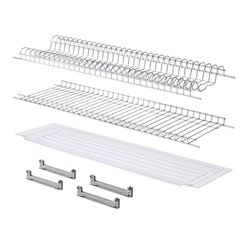 MAKKIORI Kit Scolapiatti | Griglia piatti e bicchieri con Vaschetta Raccogligoccie per Pensili Cucina | Acciaio cromo | Kit con Staffe (86 cm per pensile 90)