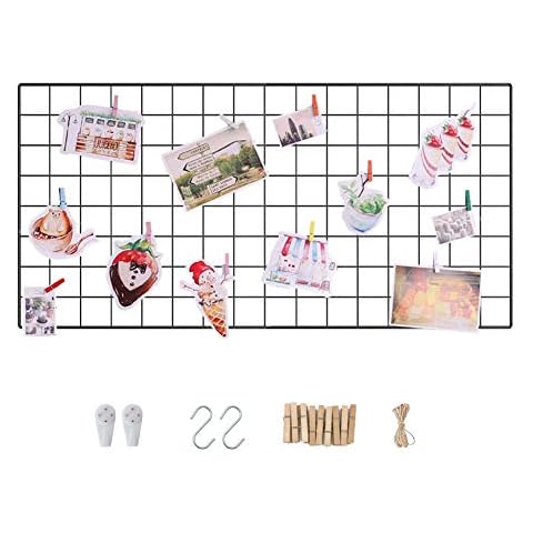 Wall Grid Photo Display Panel, Wall Hanging Metal Wire Pictures Cards and Memo Sheets Holder, Multifunction Mesh Board for Home and Office Decoration, Storage, File Organizer (Black, 17.7" x 37.4") Cover