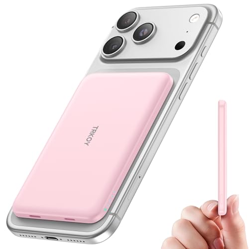 Powerbank für Magsafe, TRKOY Slim Magnetische Power Bank für iPhone 5000mAh, Schnellladung Kabellose Powerbank mit USB-C Ausgang, Externe Handyakkus für iPhone 17/16/15/14/13/12 Serie, Rosa 1