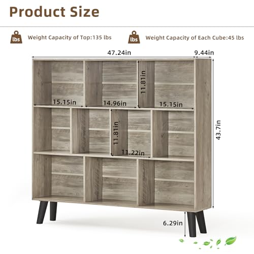 LEYAOYAO 10 Cube Bookshelf,3 Tier Modern Wide Bookcase with Legs,Mid-Century Wood Bookshelves Storage,Retro Grey Large Book Case,Freestanding Organizer Display Shelf for Bedroom,Living Room,Office