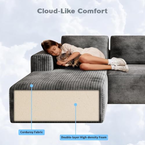 Image of 93 inch L-Shaped Modular Sectional Sofa with Chaise, Boneless Corduroy Cloud Couch with Deep Seat and Oversized Comfort, Flexible Module Combination for Living Room, No Assembly Required