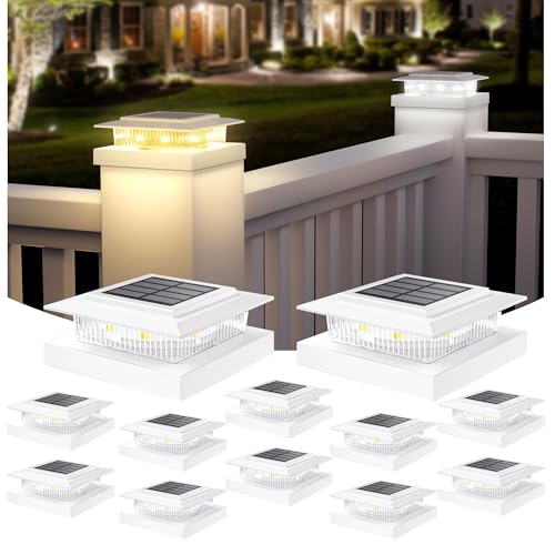 APONUO Solar Post Cap Lights for 4x4 5x5 Fence Posts, IP64 Waterproof Outdoor LED Deck Lights with 2 Modes (Warm White & Cool White), Auto On/Off Dusk to Dawn, Easy Install, White, 12 Pack